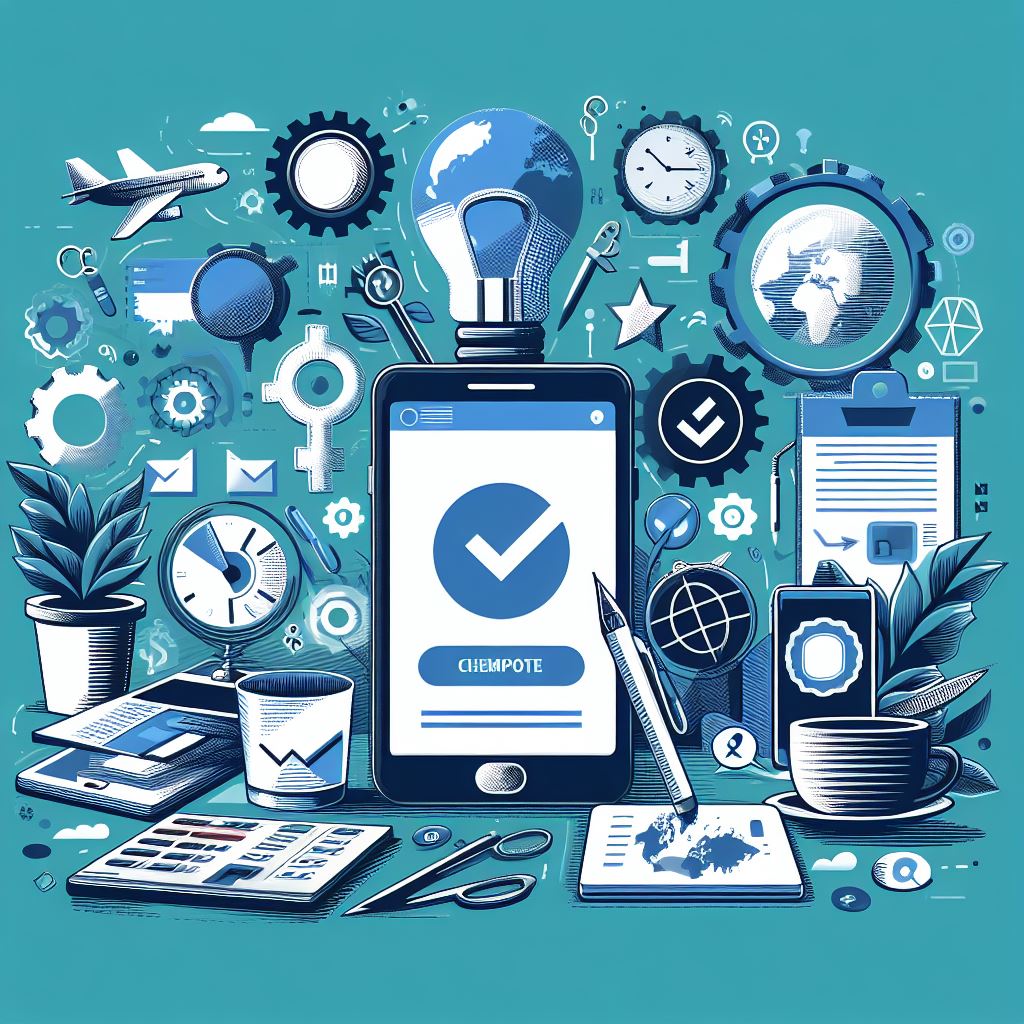 A graphic illustration featuring a phone at the center, surrounded by various objects including a clock and artistic designs.