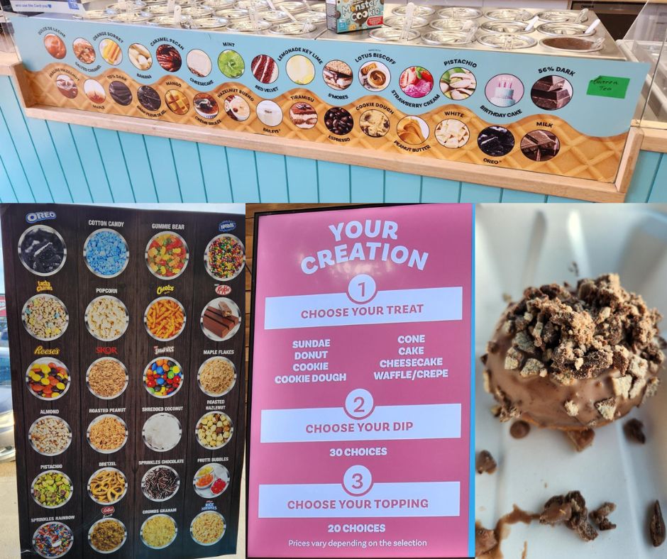 A table filled with various food items, including an array of desserts like sundaes, cones, donuts, cakes, cookies, and cheesecakes.