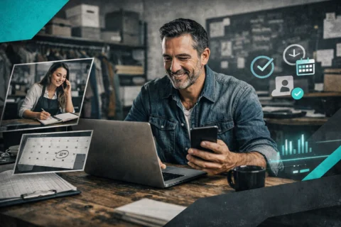 Contractor checking CRM activity, appointments, and customer follow-up from a laptop