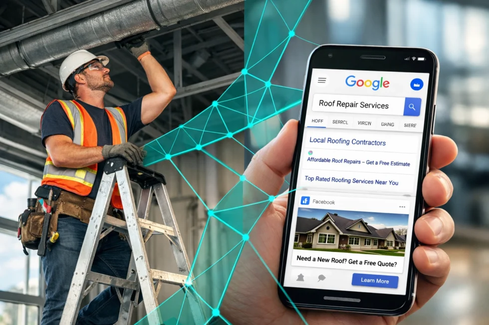 Contractor reviewing online search and advertising options on a mobile phone