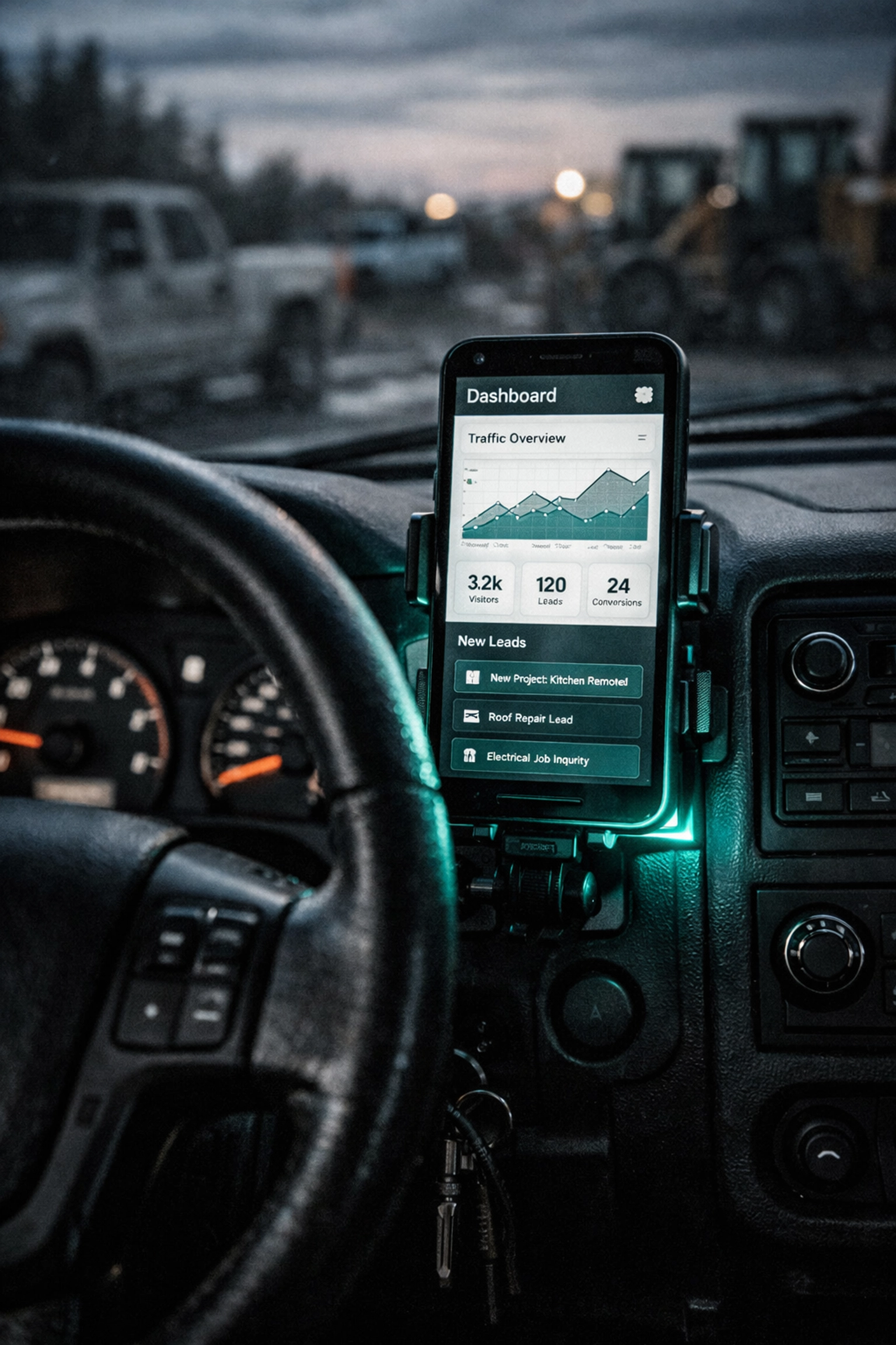 Trade business owner using a mobile dashboard to monitor new inquiries and conversions